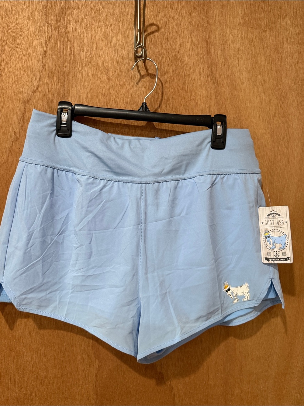 Goat USA Light Blue Women's Athletic Shorts with Wide Waistband Carolina blue lg